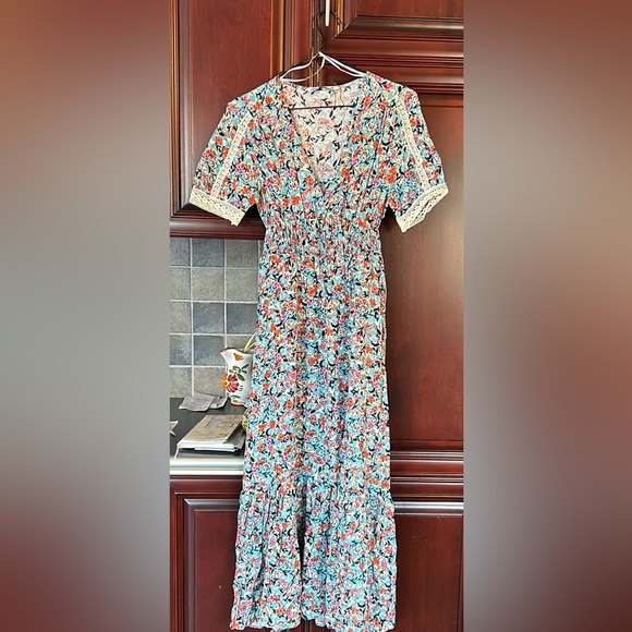 ZARA Boho Blue Red Floral Print V-Neck Lace Midi Dress size extra small - Picture 5 of 13